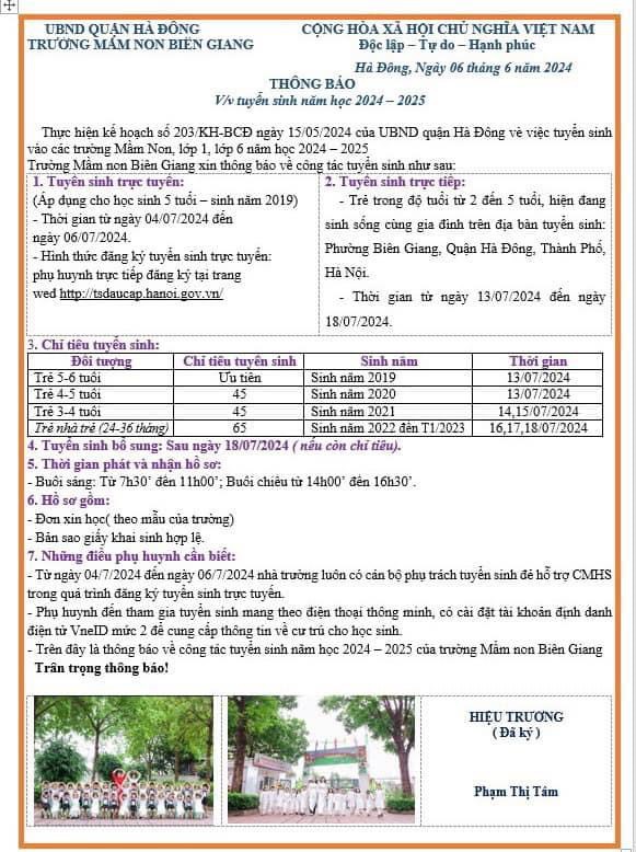 THÔNG BÁO TUYỂN SINH NĂM HỌC 2024-2025